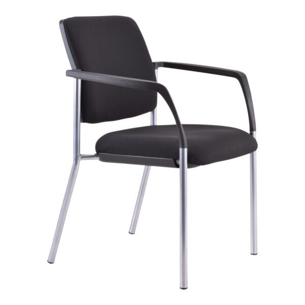 Black upholstered chair with armrests and metal frame.