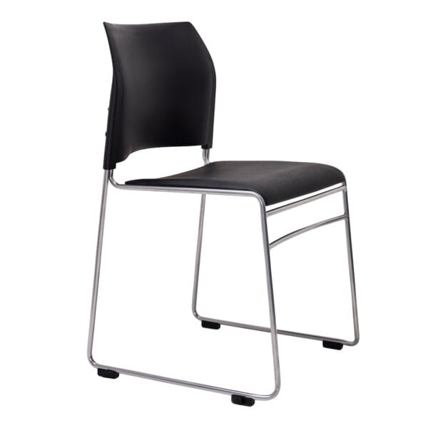 Modern black dining chair with sleek chrome legs.