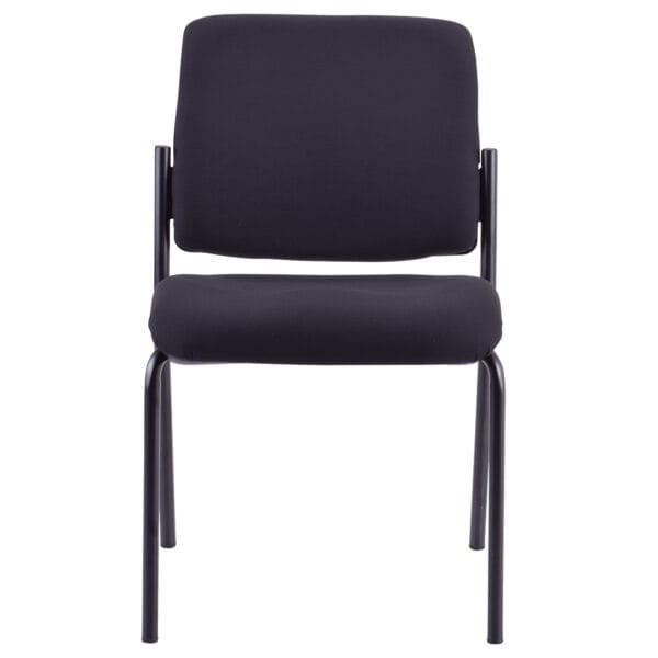 Black fabric stackable chair with metal frame and sleek design.