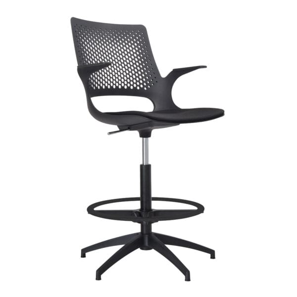Modern ergonomic black bar stool with adjustable height and perforated backrest.