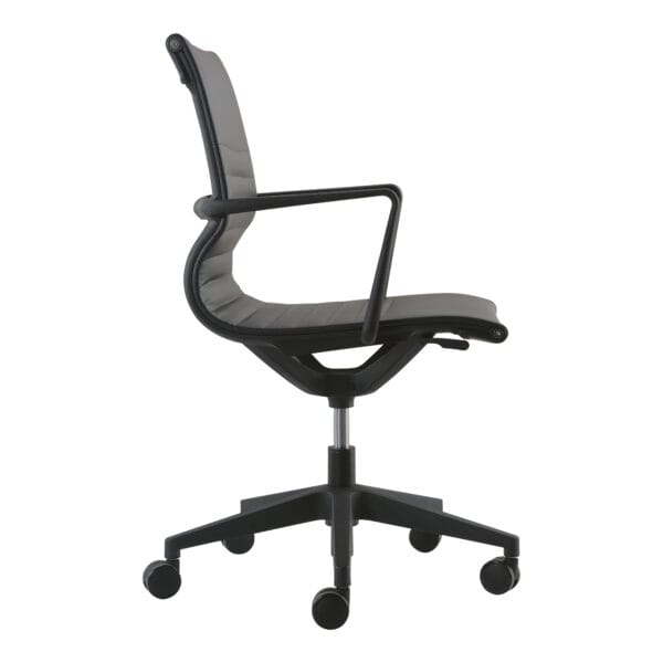 Modern ergonomic office chair with adjustable height and wheels.