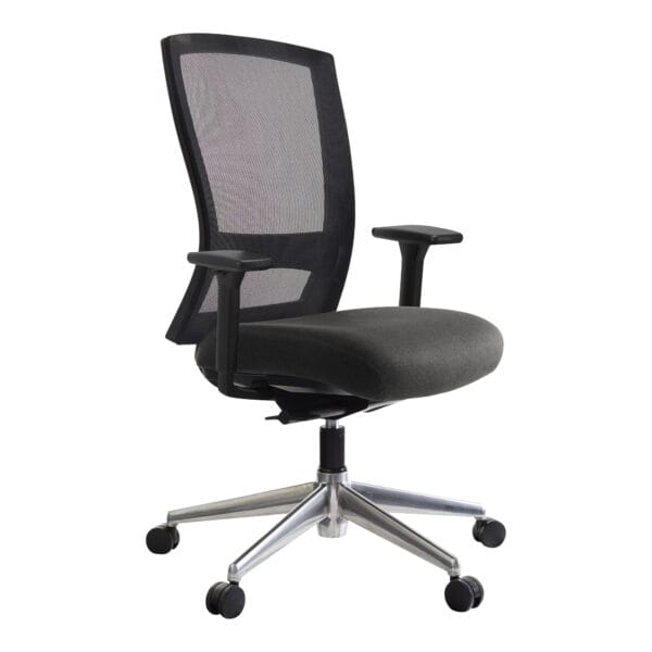 Modern ergonomic office chair with mesh back and adjustable arms.