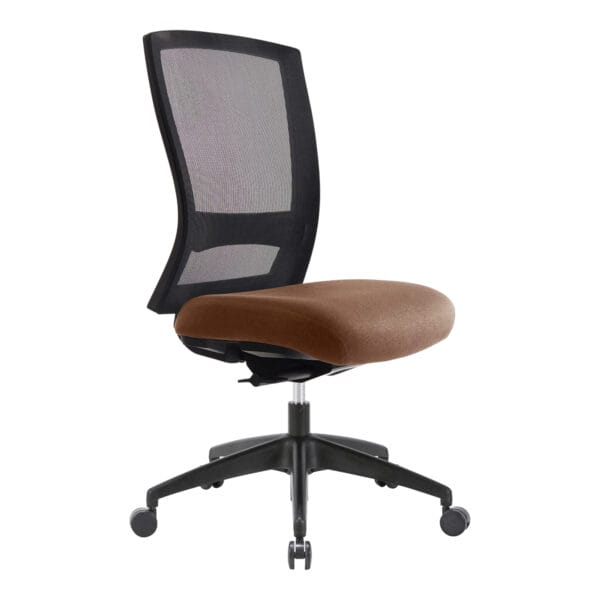 Ergonomic office chair with mesh back and brown fabric seat.