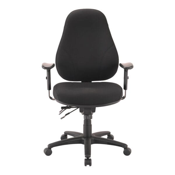 Black ergonomic office chair with adjustable height and armrests.