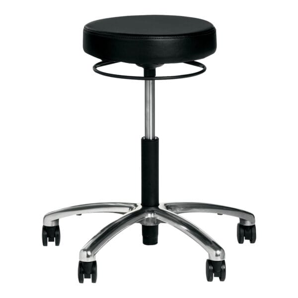 Black rolling stool with adjustable height and chrome base.