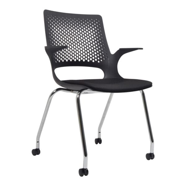 Modern black rolling chair with perforated backrest and armrests.