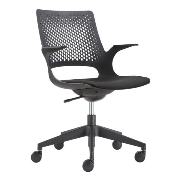 Modern black office chair with ergonomic design and wheeled base.
