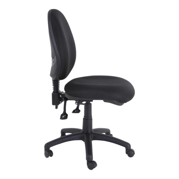 Ergonomic black office chair with adjustable height and rolling wheels.