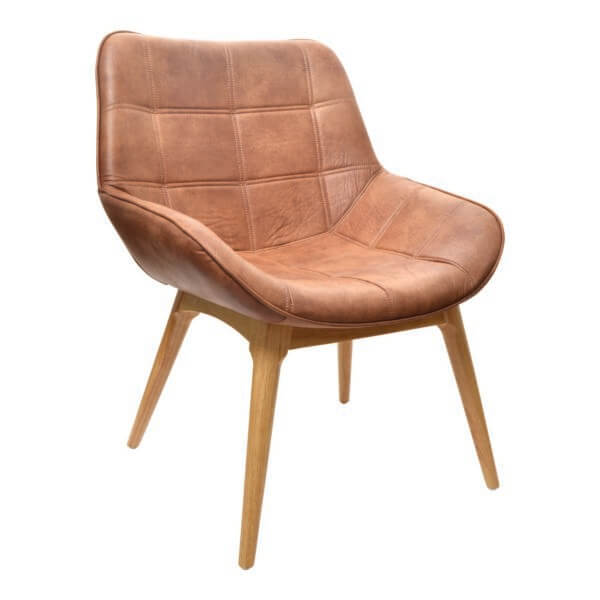 Modern brown leather chair with wooden legs and stylish design.