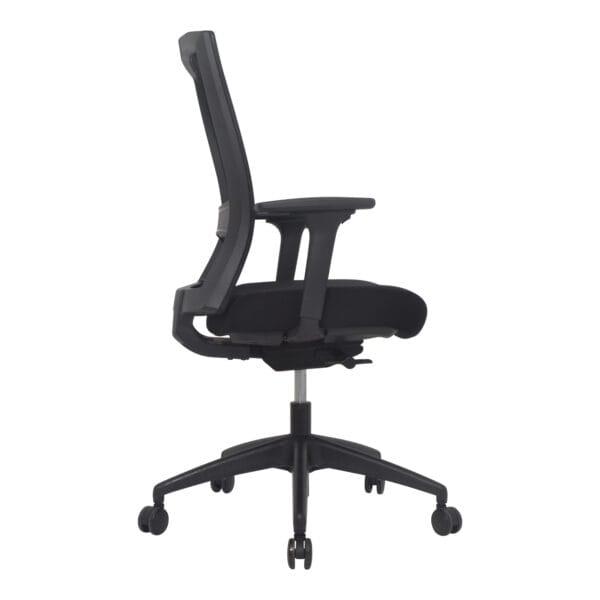 Ergonomic black office chair with adjustable armrests and wheels.