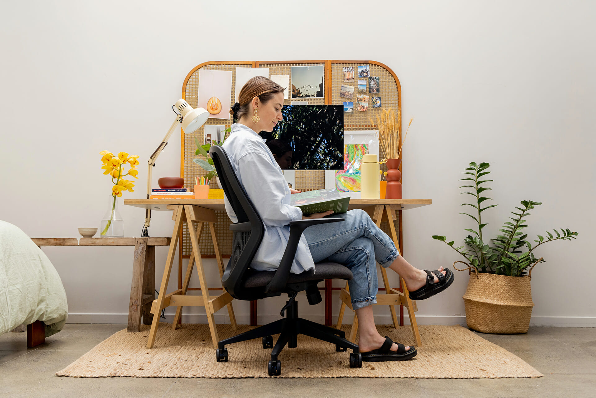 mondo soho white chair in home office girl typing