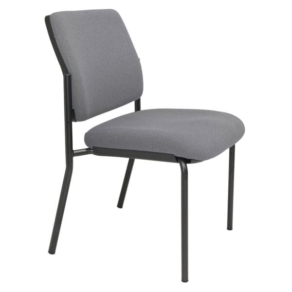 Gray fabric chair with black metal frame, modern design.