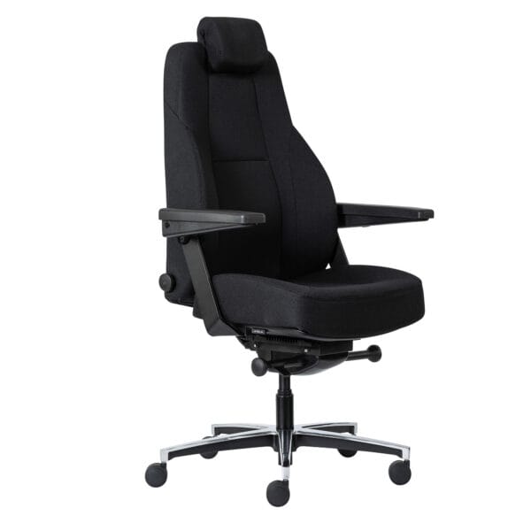 Black ergonomic office chair with adjustable height and armrests.