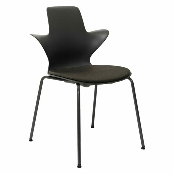 Modern black chair with unique design and upholstered seat.