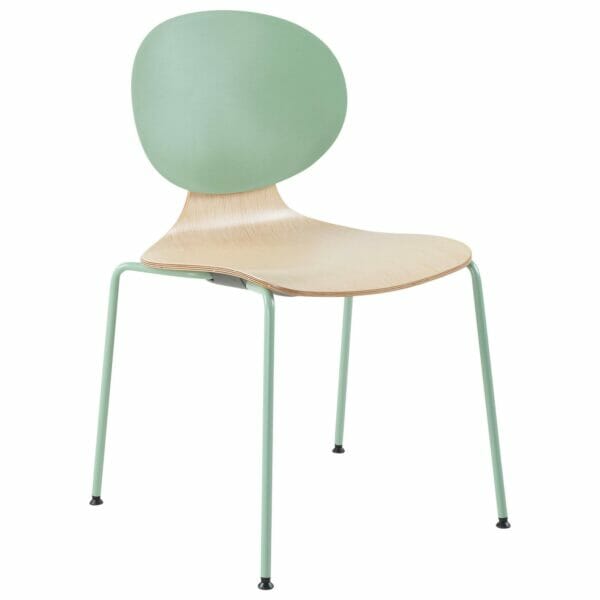 Modern mint green chair with wooden seat and minimalist design.