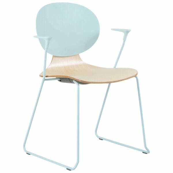 Modern light blue chair with wooden seat and armrests.