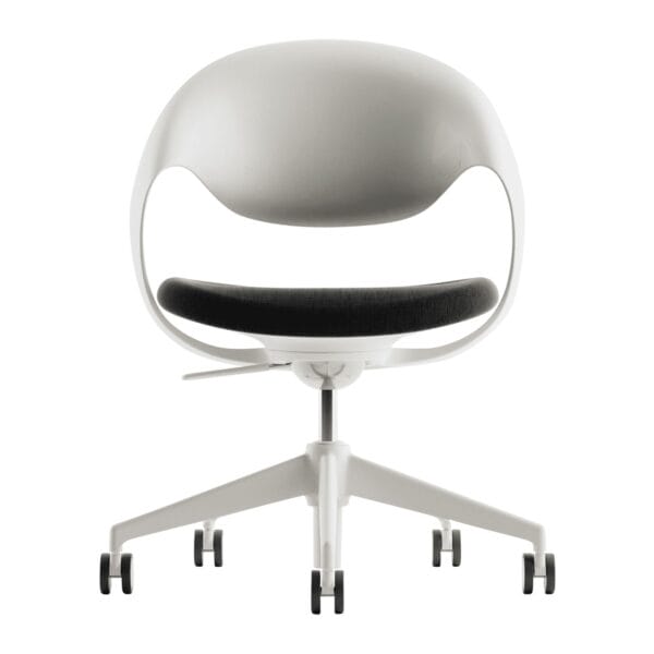 Modern white office chair with ergonomic design and rolling wheels.