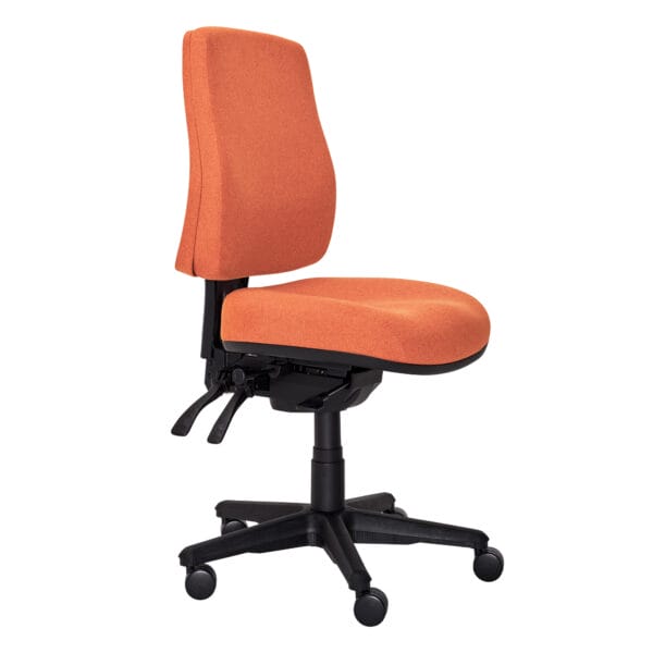 Ergonomic orange office chair with adjustable height and swivel features.