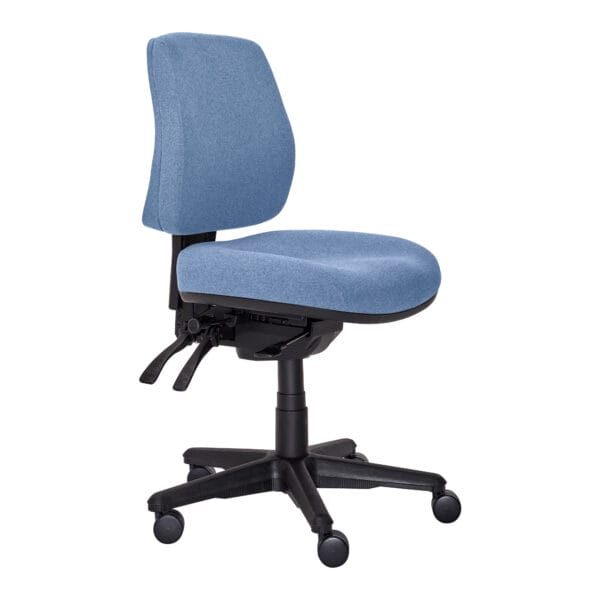 Blue office chair with adjustable height and wheels.