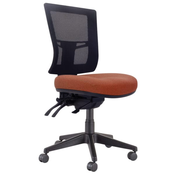 Ergonomic office chair with mesh back and orange fabric seat.