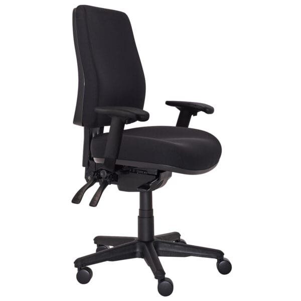 Black ergonomic office chair with adjustable features and armrests.