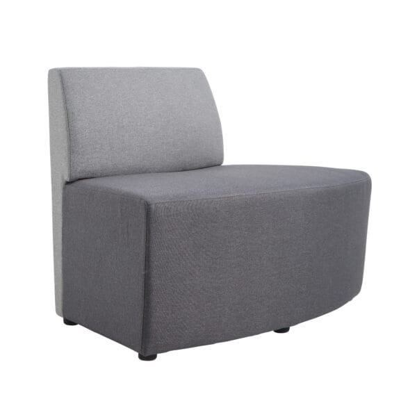 Modern gray upholstered accent chair with curved design.
