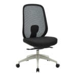 Ergonomic black office chair with mesh back and adjustable height.