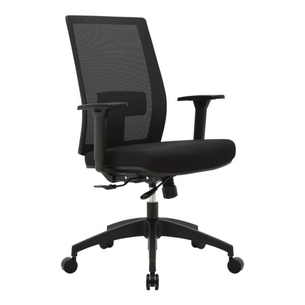 Ergonomic office chair with mesh backrest and adjustable features.