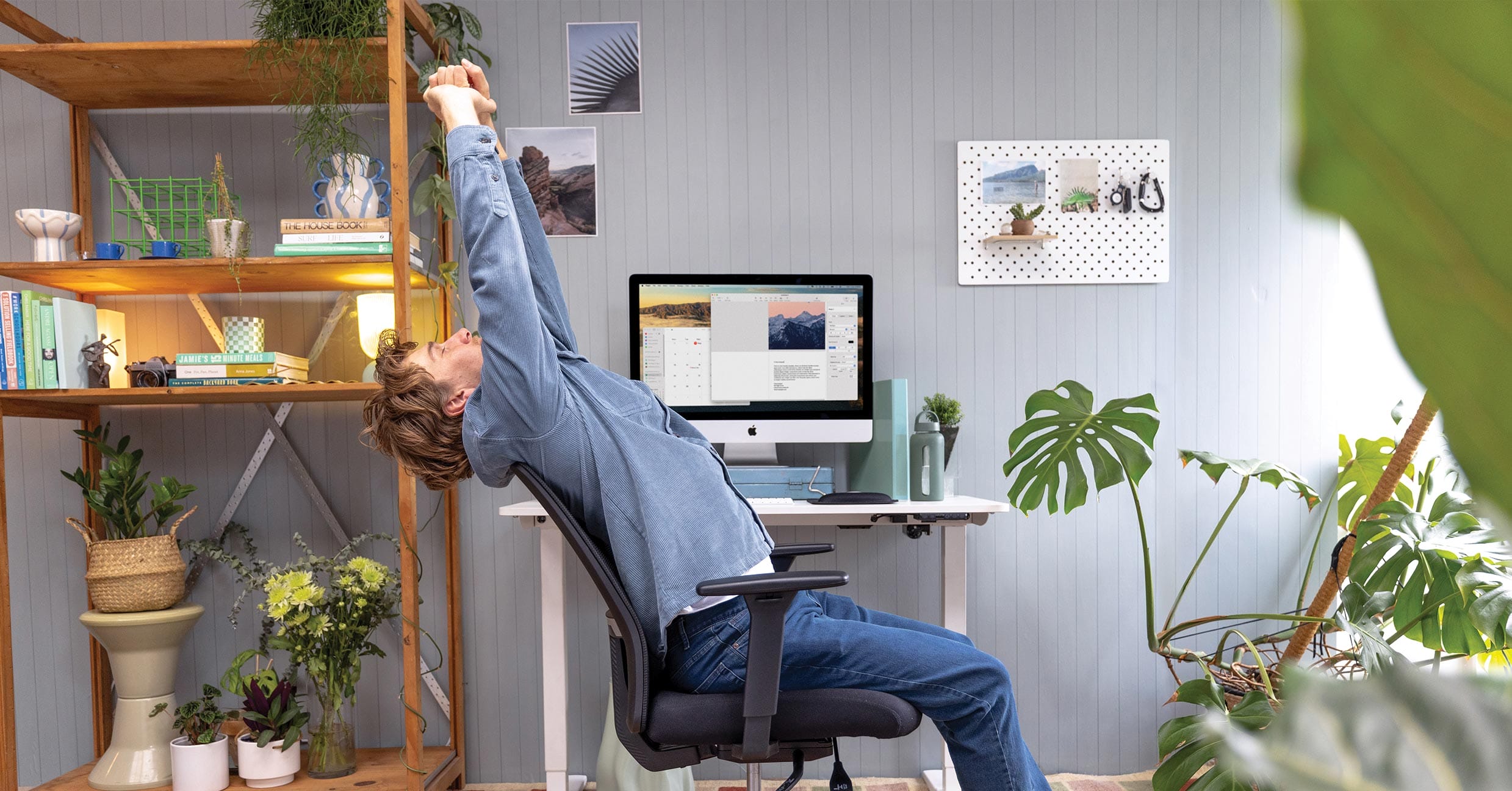 stretching at work in office chair