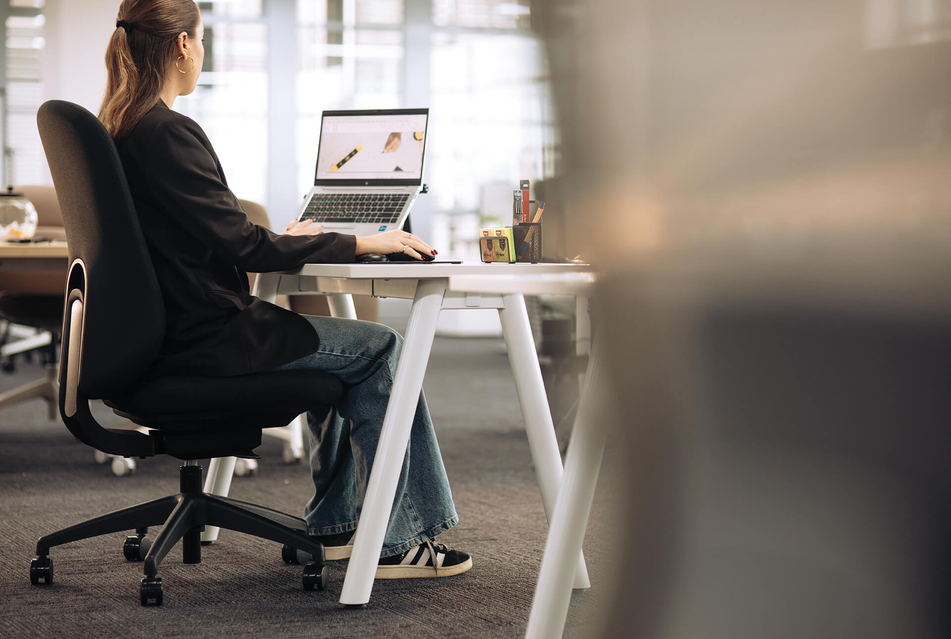 A Frame Round Leg Desk 1800x750 White Scene office
