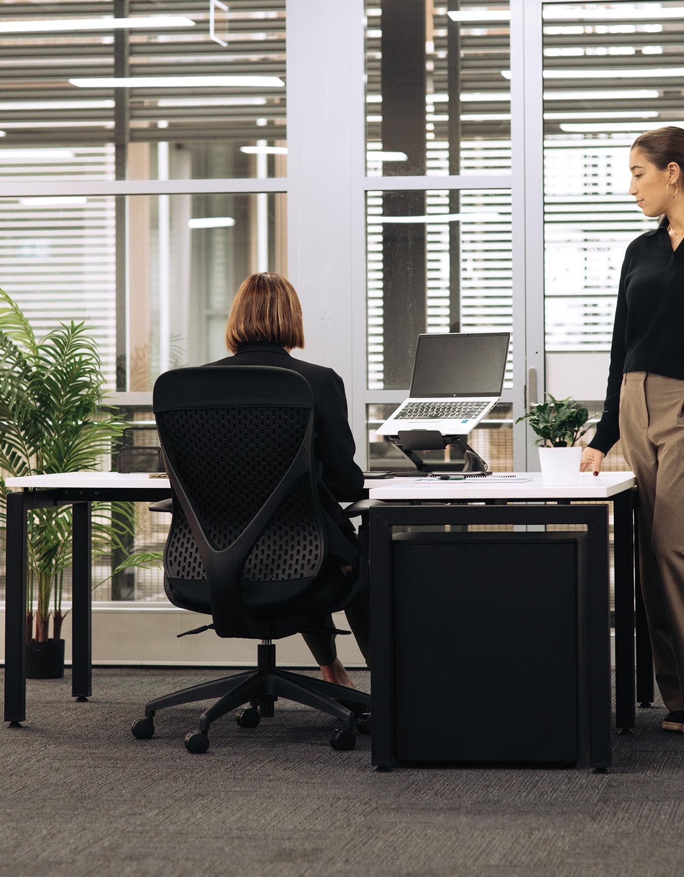 people sitting and standing next to office desk